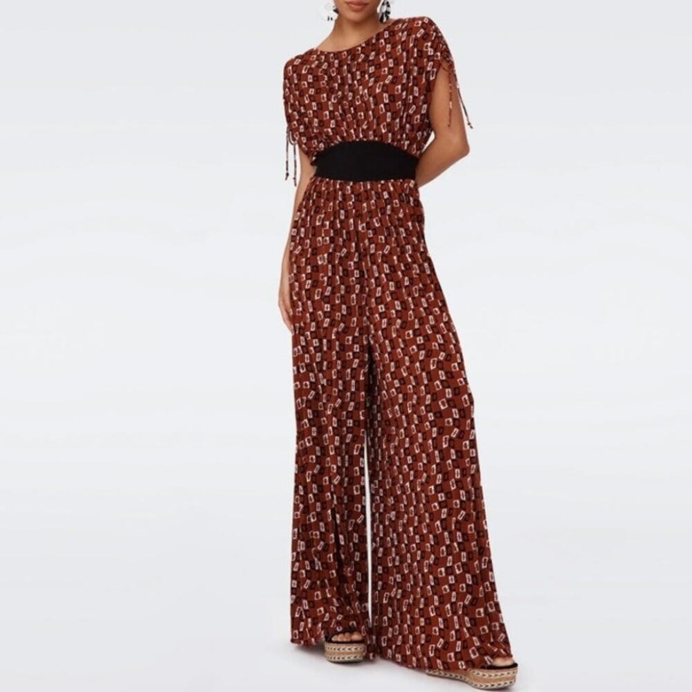 Womens Diane Von Furstenberg Andra Mesh Jumpsuit Brown Patterned Size M EUC